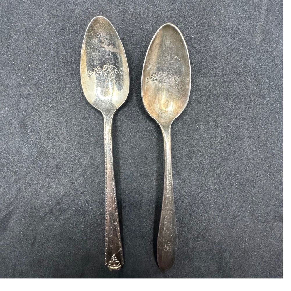 Vintage "Coffee" Spoons Silver Plated Engraved Floral Design Set of 2‎